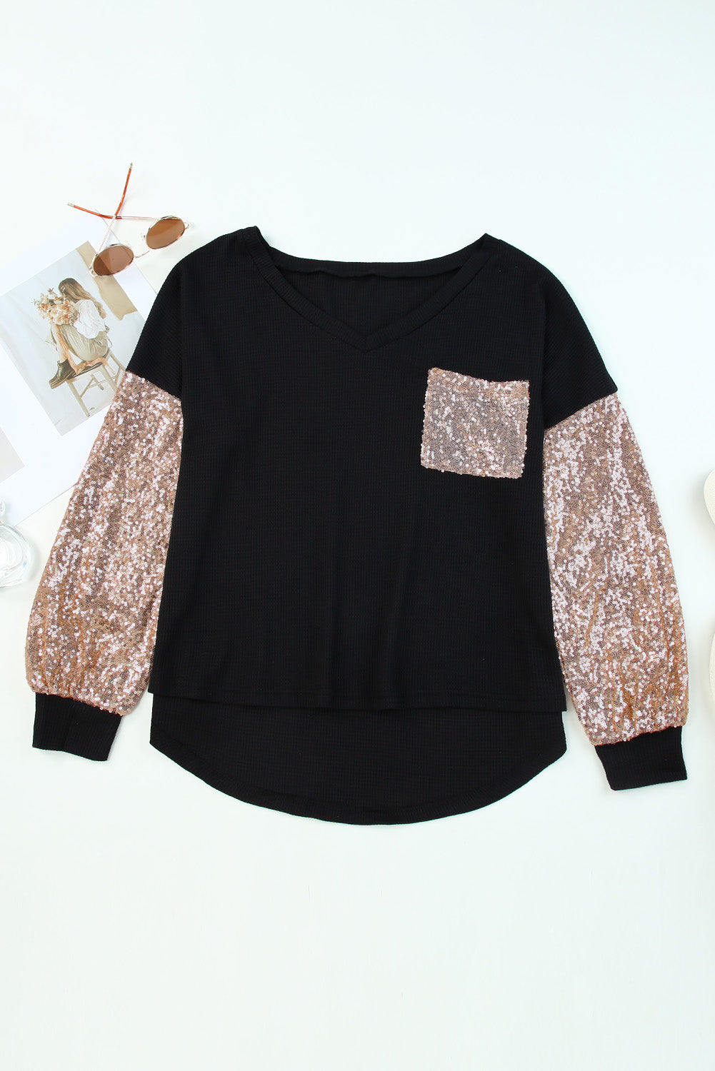 Sequin Splicing V Neck Bishop Sleeves Top LC2511480-2