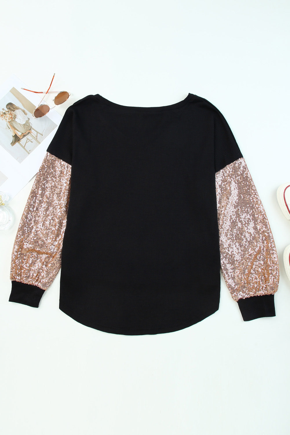 Sequin Splicing V Neck Bishop Sleeves Top LC2511480-2