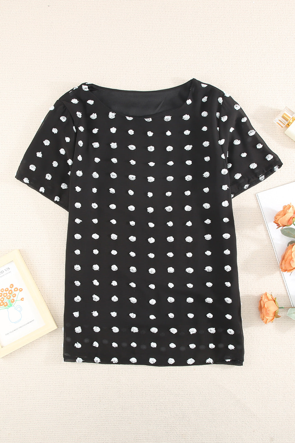 White Swiss Dot Texture Short Sleeve Top LC2517104-1