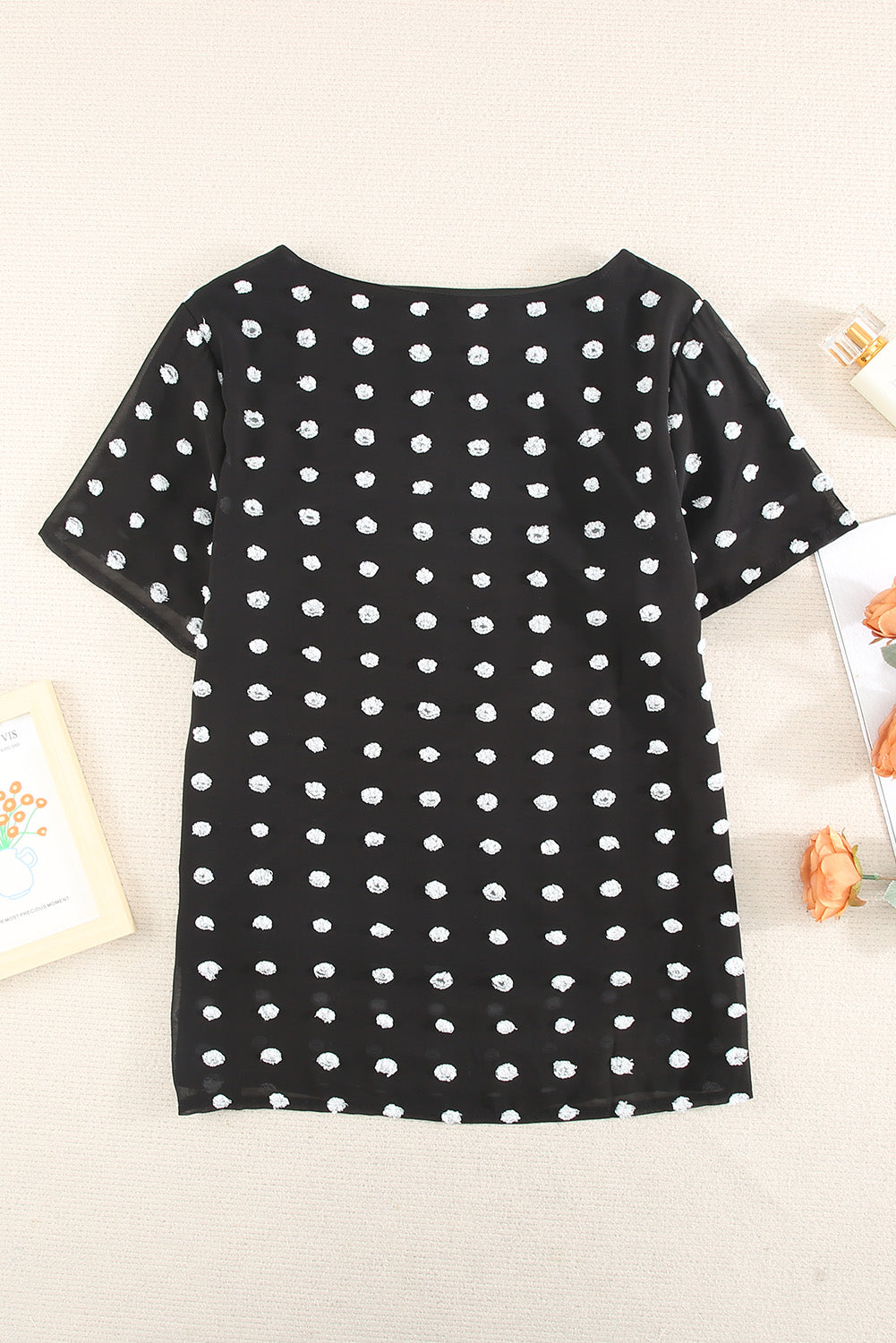 White Swiss Dot Texture Short Sleeve Top LC2517104-1