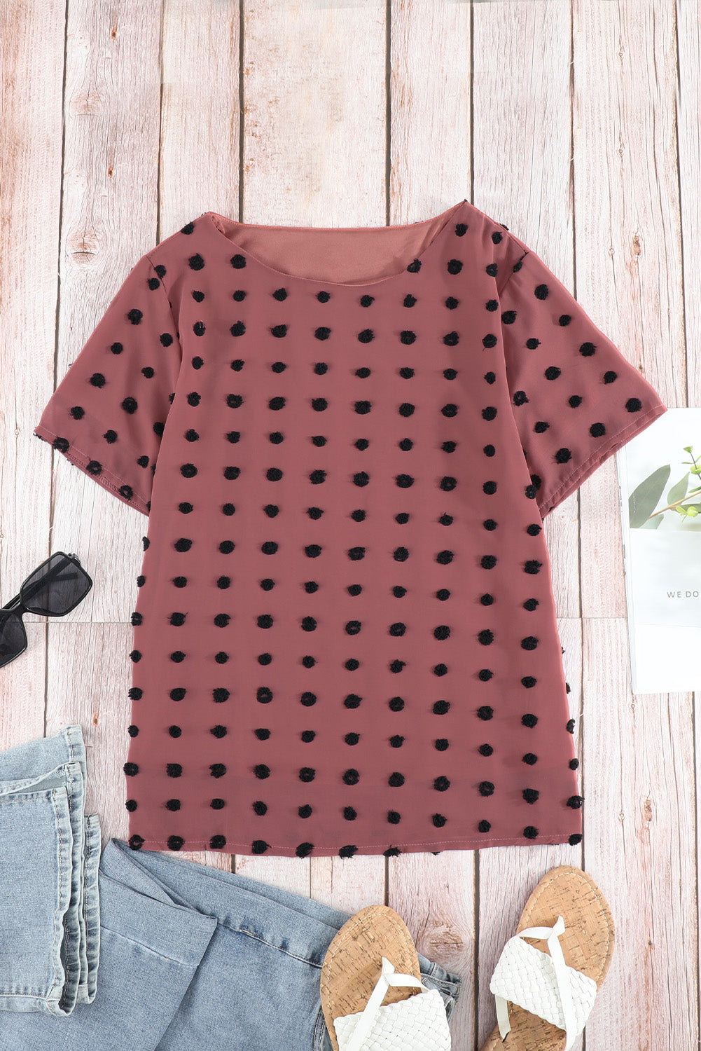 White Swiss Dot Texture Short Sleeve Top LC2517104-1