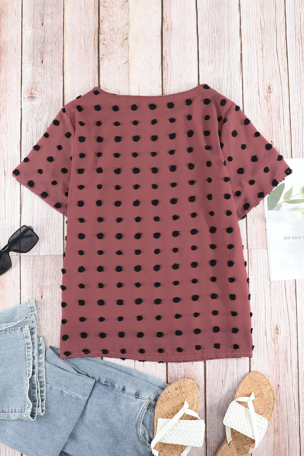 White Swiss Dot Texture Short Sleeve Top LC2517104-1