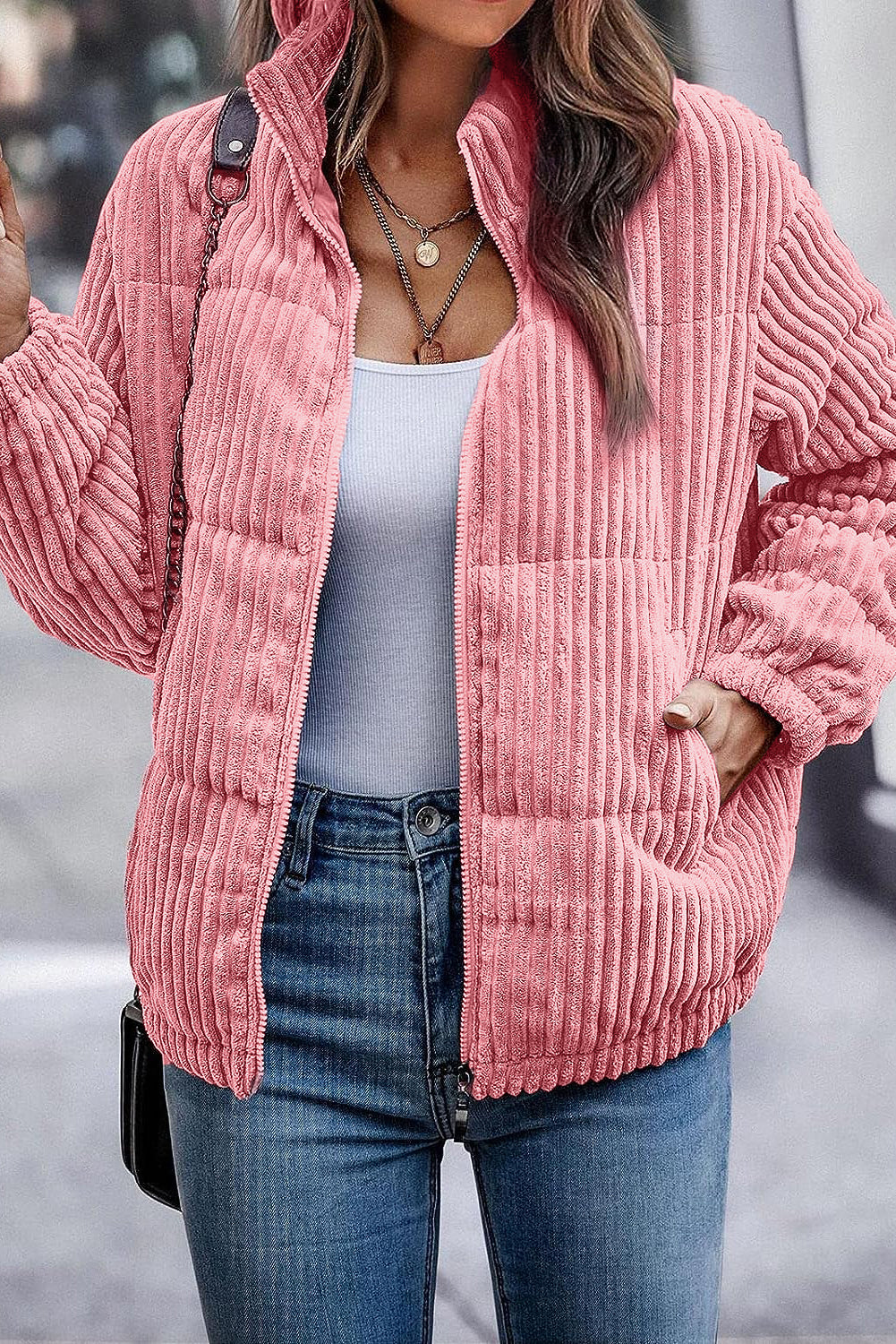 Peach Blossom Corduroy Puffer Jacket