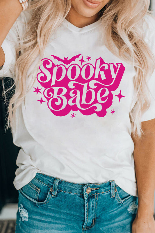 White Spooky Babe Bat Print Halloween Crewneck T Shirt LC25222929-1