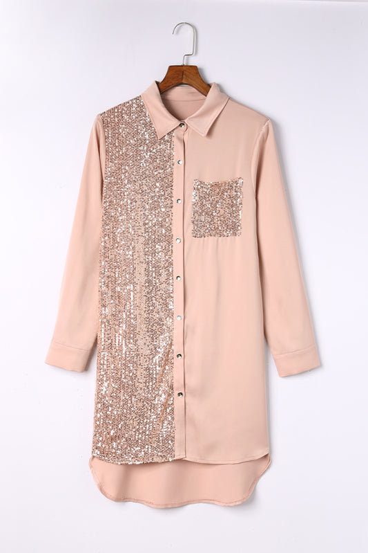 Khaki Sequin Splicing Pocket Buttoned Shirt Dress LC6113011-16