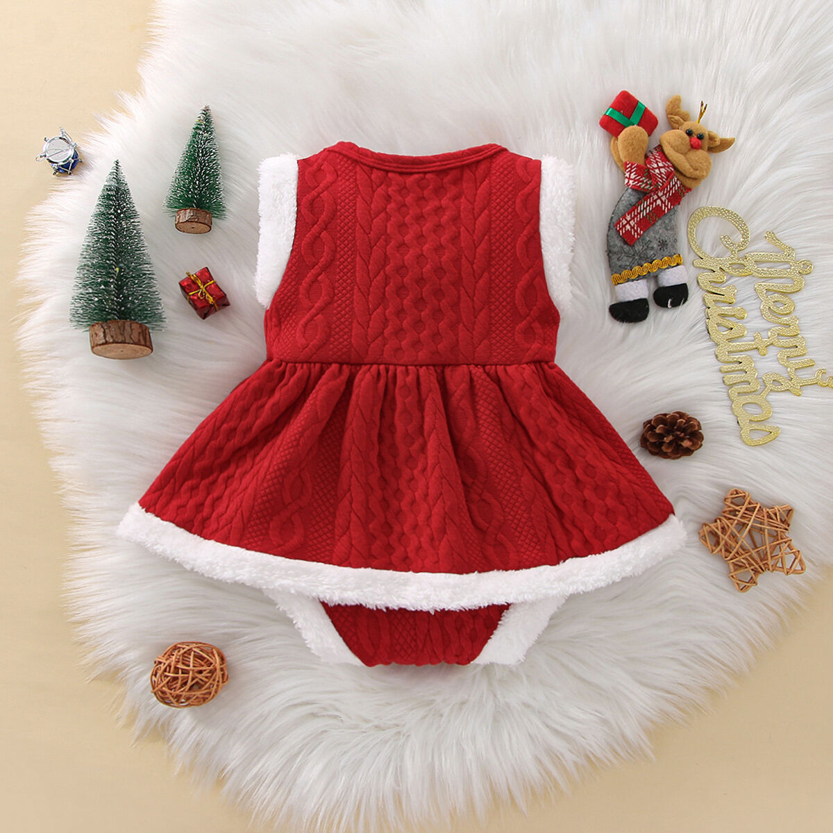 Baby Girl Christmas Ribbed Bow Sleeveless Skirt Hem Bodysuit KCLV595114616