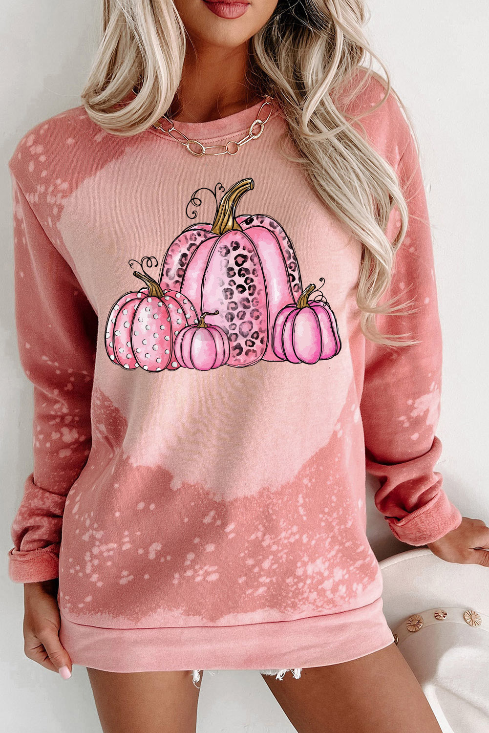 Pink Pumpkin Graphic Bleached Tie Dye Sweatshirt LC25315300-10