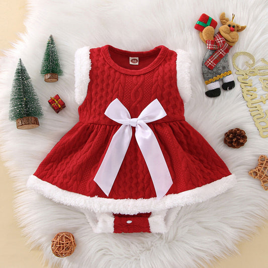 Baby Girl Christmas Ribbed Bow Sleeveless Skirt Hem Bodysuit KCLV595114616