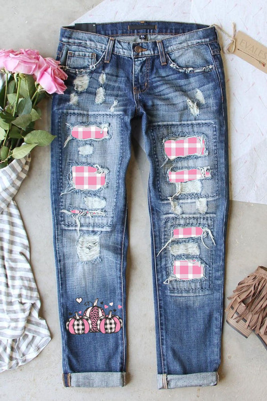 Sky Blue Pumpkin Print Plaid Patchwork Distressed Jeans LC7871667-4