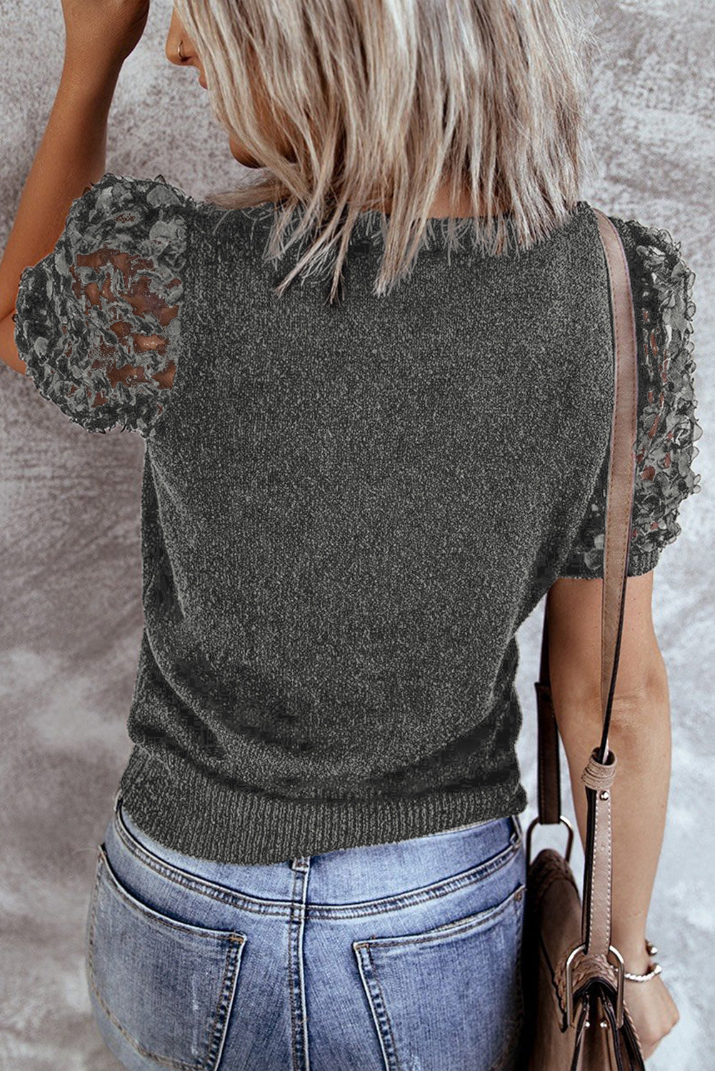 Gray Sheer Sleeve Knit T-shirt LC2514888-11