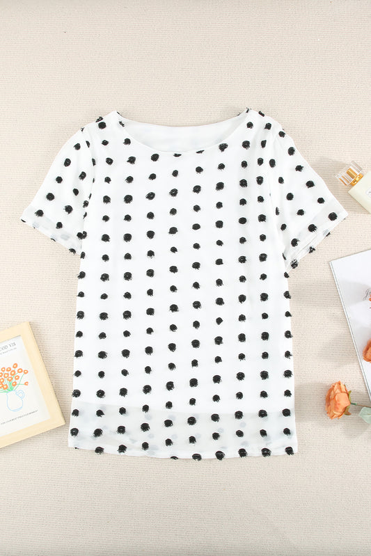 White Swiss Dot Texture Short Sleeve Top LC2517104-1