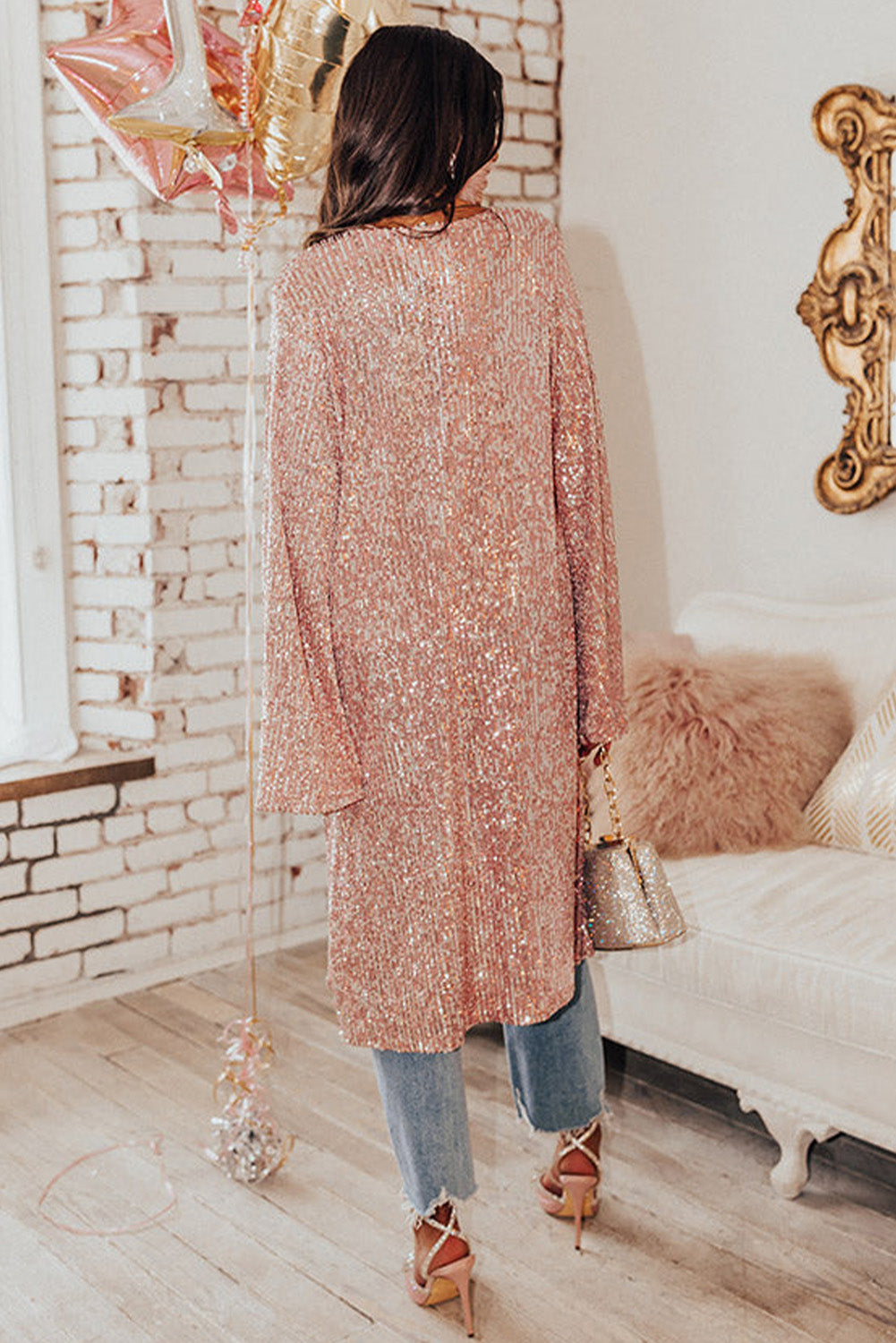 Pink Flare Sleeve Open Front Sequin Kimono LC2541709-10