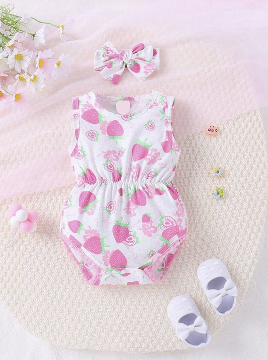 Baby Girl Strawberry Print Bodysuit & Headband