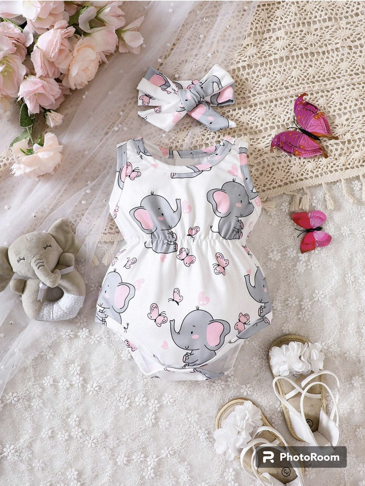 Baby Girl Elephant Print Bodysuit & Headband