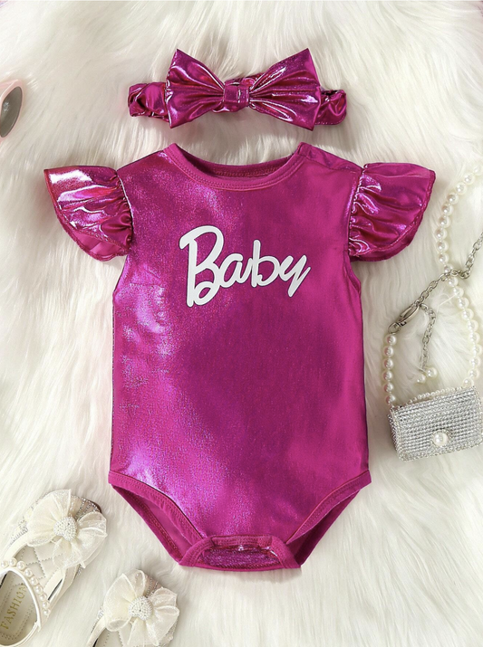 Baby Girl Letter Graphic Ruffle Trim Bodysuit & Headband