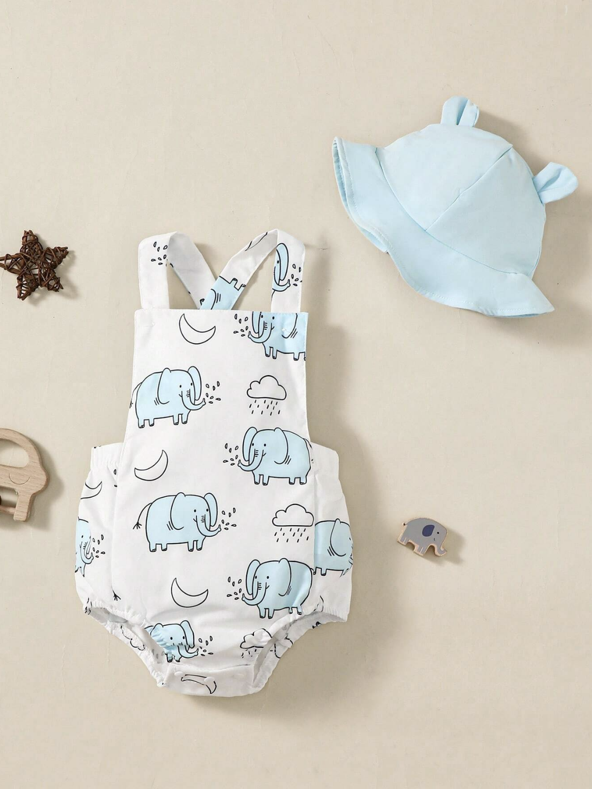 Baby Boy Elephant Print Overall Bodysuit & Hat