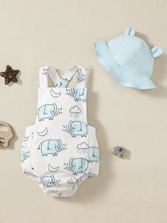 Baby Boy Elephant Print Overall Bodysuit & Hat