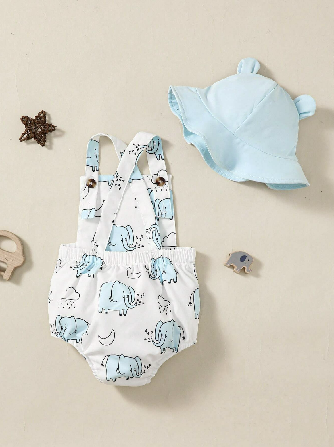 Baby Boy Elephant Print Overall Bodysuit & Hat