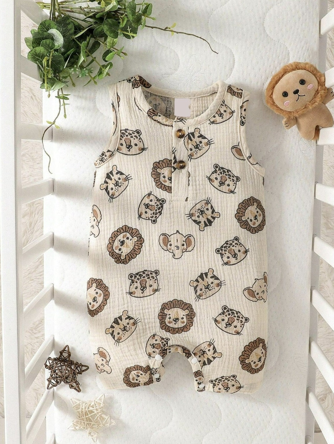 Baby Boy Lion Print Half Button Tanktop Romper