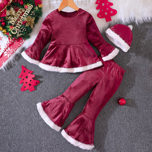 Toddler Girls Christmas Velvet Flared Pants Set