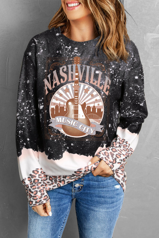 Black NASHVILLE Music City Guitar Leopard Color Block Sweatshirt LC25313711-2