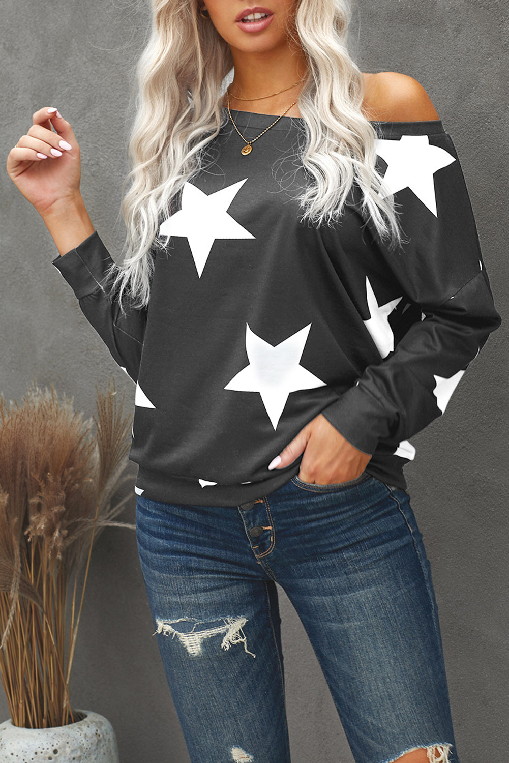 Fashion Five-pointed Star Print Round Neck Gray Sweatshirt LC2531260-11